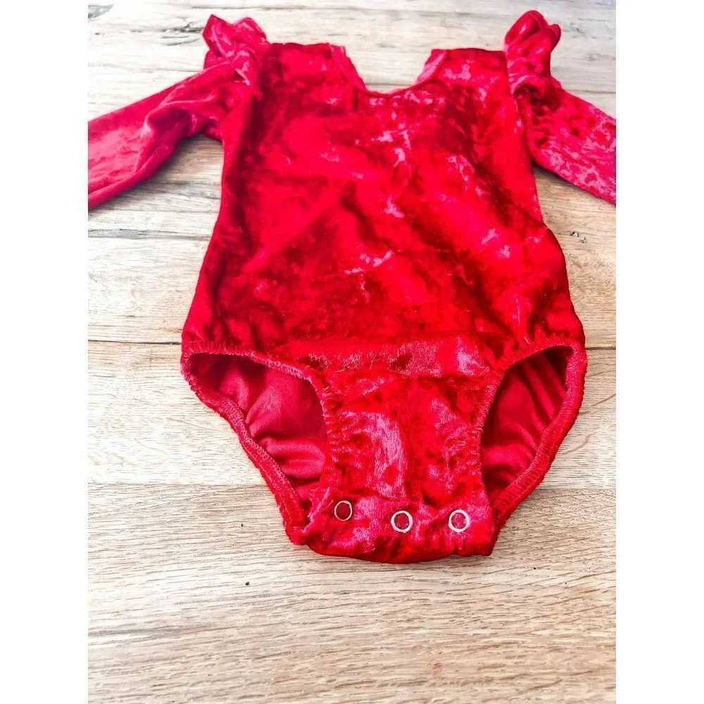 Solid Red Crushed Velvet Long Sleeve Bodysuit with Ruffles, Size 12-18M